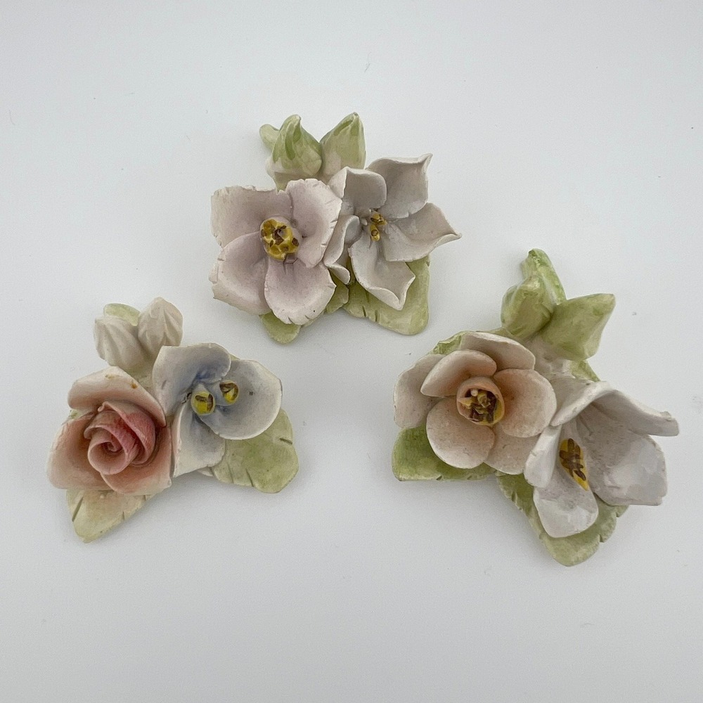 Lot of 3 Ceramic Flower Clusters Pink Roses Pastel Blooms Floral Decor